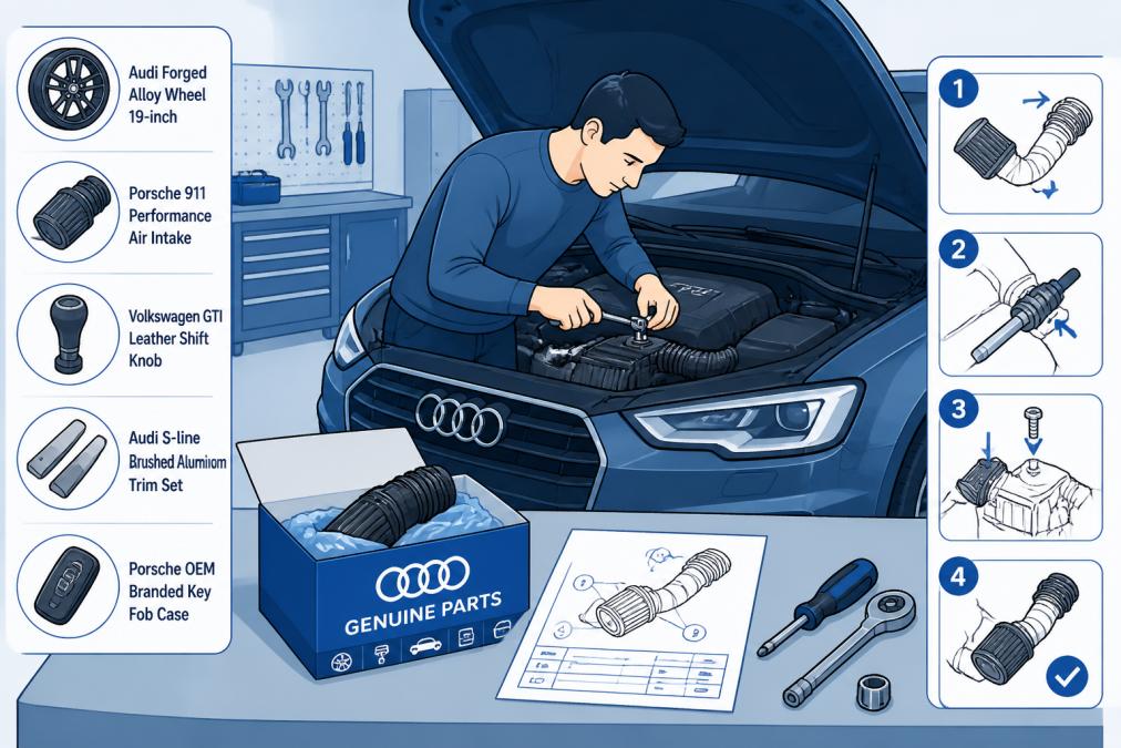 A person in casual clothes using hand tools to install a part under the hood of an Audi in a clean home garage, with a parts box and printed diagram visible nearby
