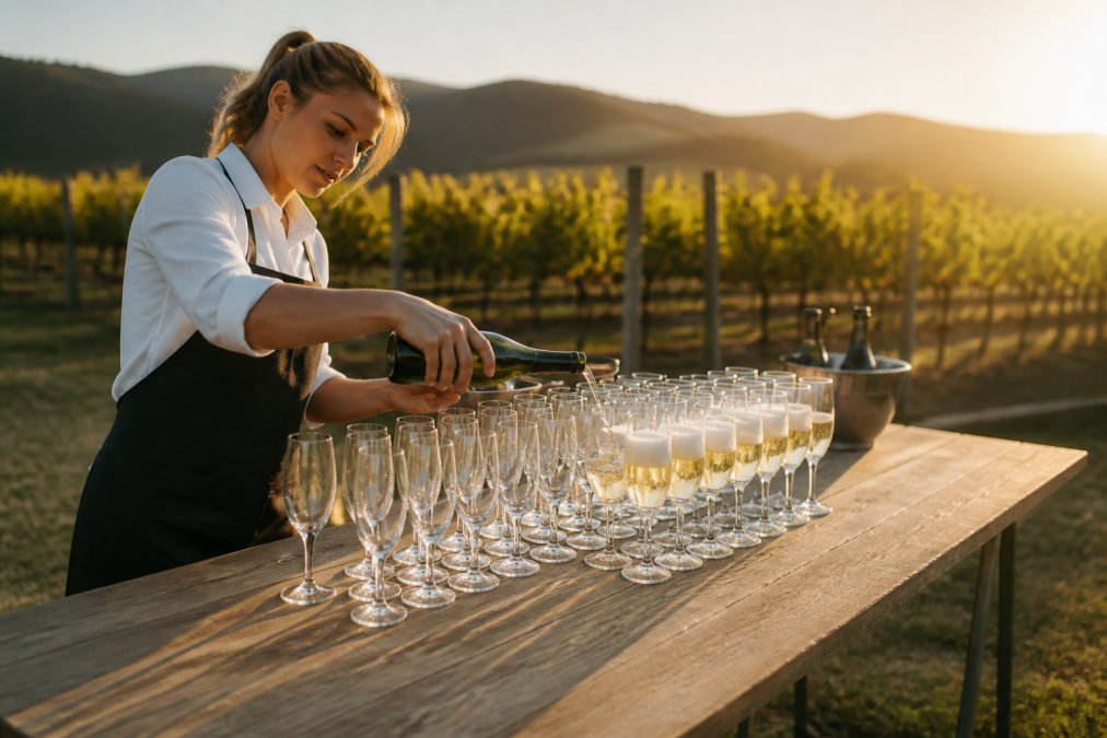 A winery staff member pouring sparkling wine into a row of glasses on a trestle table, golden late-afternoon light through vineyard rows behind