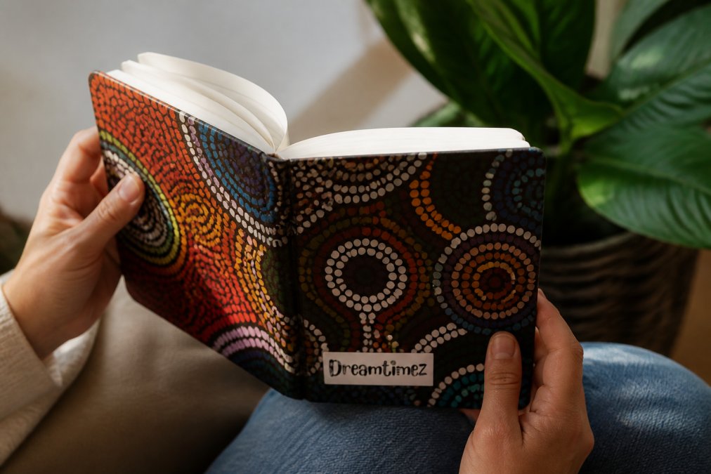 Close-up of hands holding an open A5 notebook with authentic Aboriginal dot painting design, showing the quality of paper texture and colour vibrancy under natural light