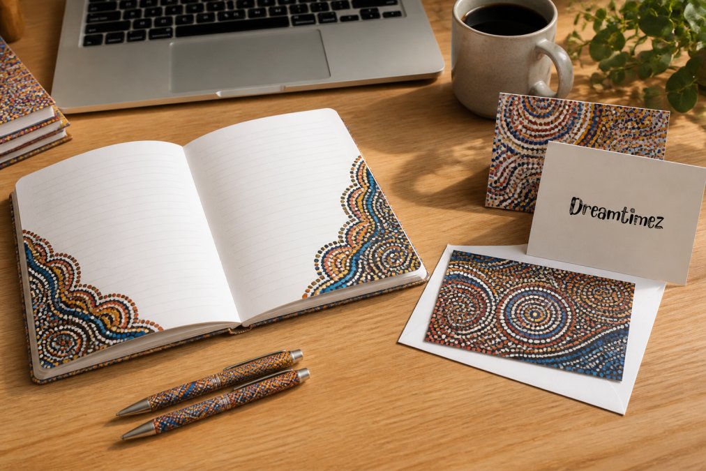 Professional desk setup featuring Aboriginal art stationery items including open notebook with dot painting design, matching pens, and greeting cards arranged with a laptop and coffee cup in natural office lighting