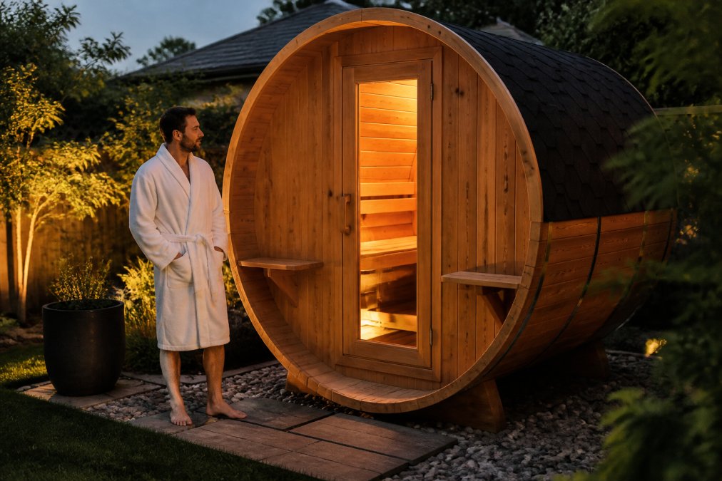 A person in a robe standing beside a cedar barrel sauna in a landscaped backyard at dusk, warm light glowing from the glass door
