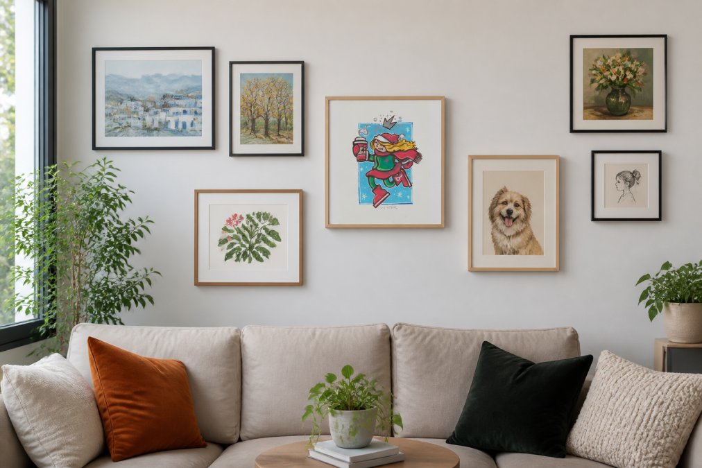 Bright living room wall displaying a collection of framed original watercolor illustrations and pen drawings in varying sizes, showing how different styles and mediums work together harmoniously in a home setting