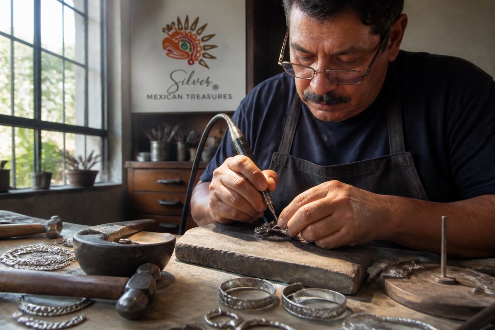 Close-up of skilled artisan hands sculpting and polishing sterling silver jewelry with traditional tools in a workshop setting, natural light streaming through windows