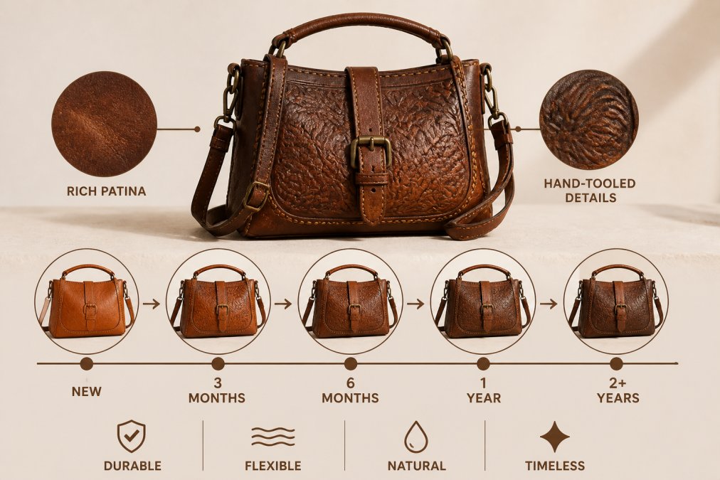 A beautifully aged Mexican leather handbag displayed on a neutral surface, showing rich patina and texture developed over time, with warm natural lighting highlighting the leather's character and depth
