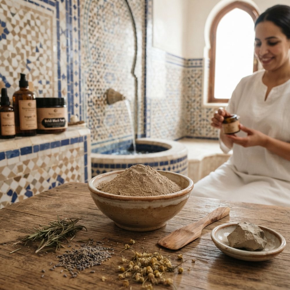 Infographic showing the preparation process of authentic Moroccan ghassoul clay using herbs and natural tools.