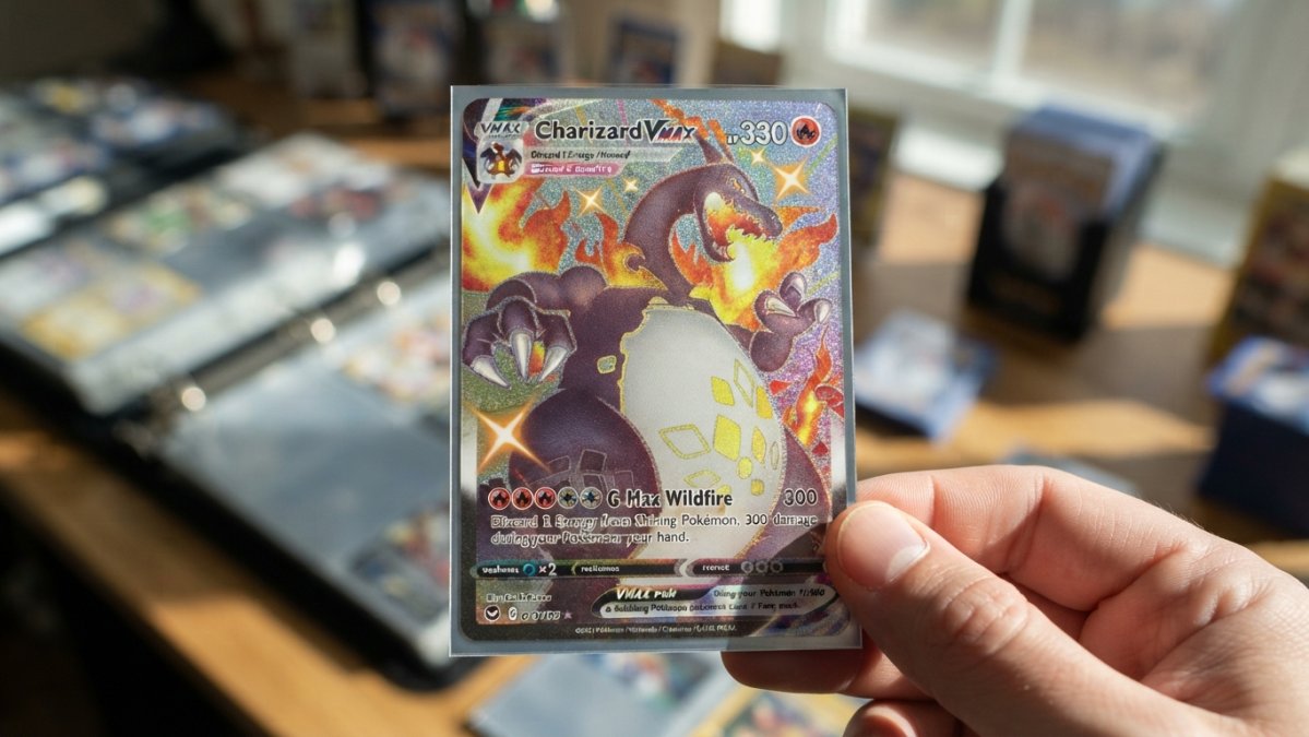 Close-up of an authentic Pokémon card showing sharp text, crisp borders, and a reflective holographic pattern under bright light, held at an angle to reveal the holo texture