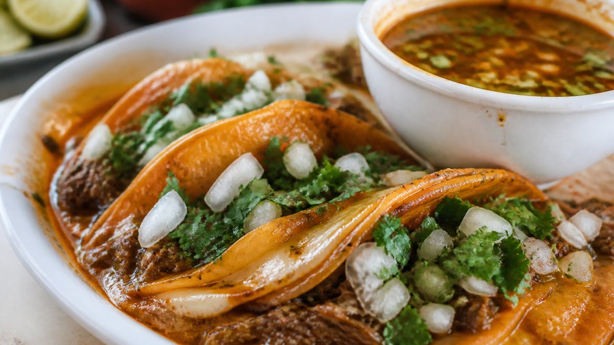 Close-up of freshly prepared quesabirria tacos on a white plate, melted cheese visible, warm corn tortillas dipped in birria broth, topped with diced white onions and fresh cilantro, steam rising from the dish in warm natural lighting
