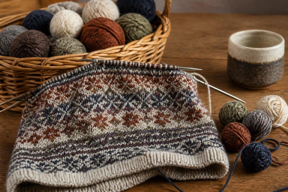 A partially completed Fair Isle knit project displayed on needles, showing traditional colorwork pattern with natural Shetland wool in multiple shades