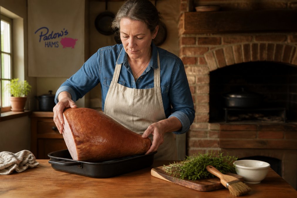 Home cook placing a large Virginia country ham into a roasting pan in a rustic kitchen with fresh herbs nearby.
