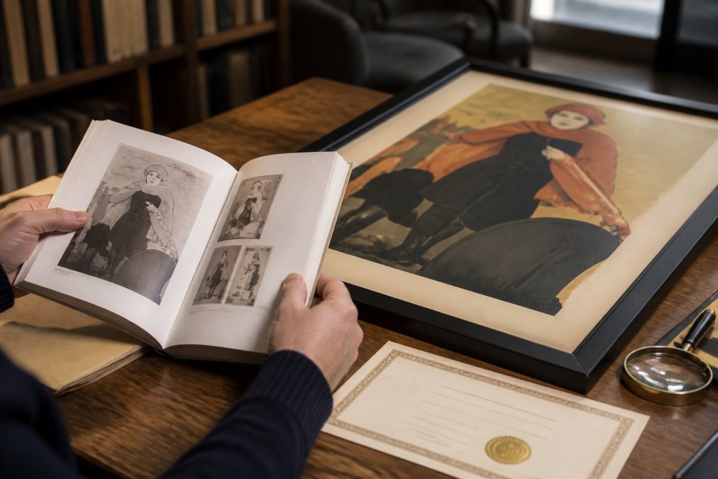 A collector's hands holding a vintage art catalog raisonné next to a framed original lithograph poster on a wooden desk, with a magnifying glass and certificate of authenticity visible
