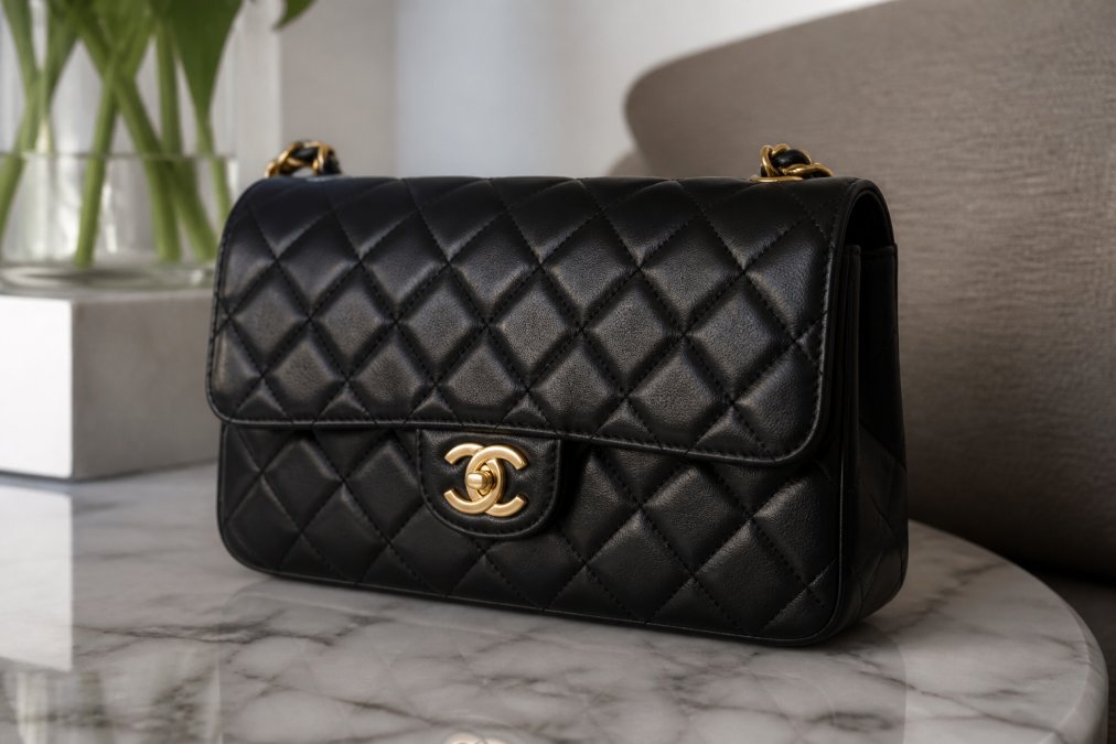 Close-up of an expertly crafted black lambskin leather designer handbag resting on a marble surface, with soft natural lighting highlighting the quilted texture and gold-tone hardware