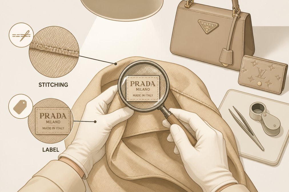 Hands of an authentication expert using a magnifying glass to closely examine the stitching and label of a vintage designer garment on a clean white inspection table under bright overhead lighting