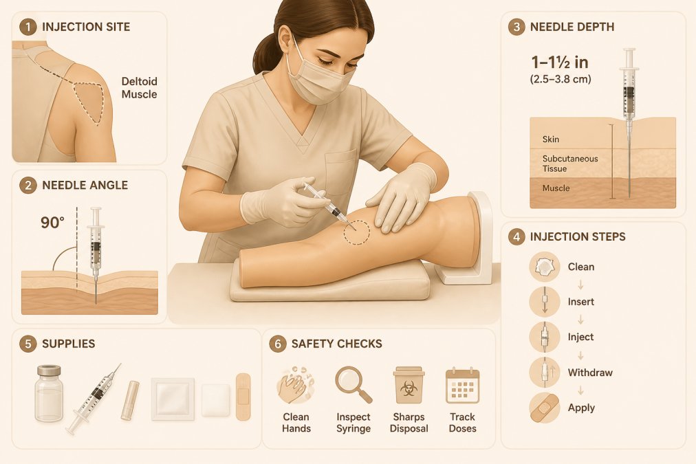 Healthcare professional demonstrating proper intramuscular injection technique with a sterile syringe on a model arm, showing correct needle angle and injection site under bright clinical lighting