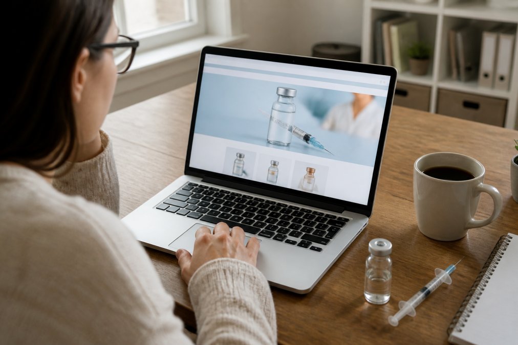 Person seated at a desk reviewing an online pharmacy website on a laptop screen, with a B12 injection vial and sterile syringe visible on the desk surface next to a cup of coffee