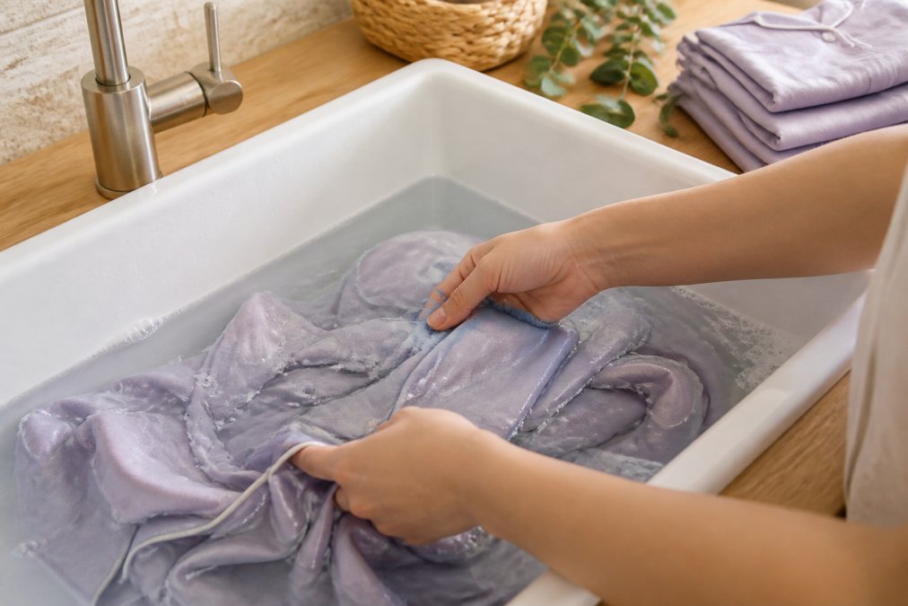 Hands gently immersing delicate bamboo modal pajamas in a sink of cool water, fingers carefully working through the fabric without wringing or twisting, soft natural light illuminating the gentle washing motion
