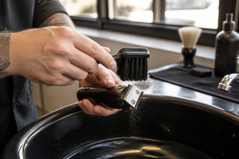 Professional barber's hands using a clipper brush to clean blade teeth over a station sink, with visible hair debris being removed and natural window lighting illuminating the work