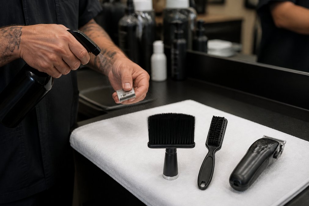 Barber's hands spraying clipper blades and cleaning brushes with disinfectant solution at a barbershop station, with sanitized tools arranged on a clean towel