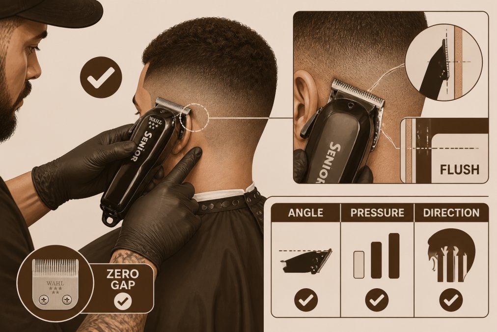Professional barber performing precise fade on client's head, blade positioned flush against skin with proper technique, showing clean cutting motion and skin contact