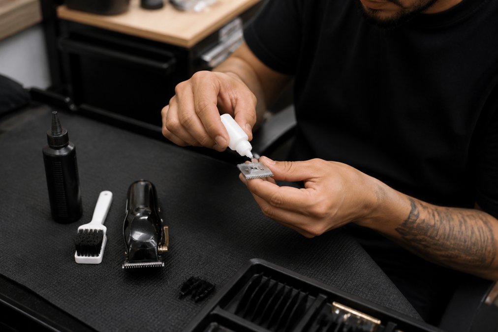 Barber's hands cleaning and oiling clipper blades at a workstation, maintenance supplies visible including oil bottle and cleaning brush, professional setting