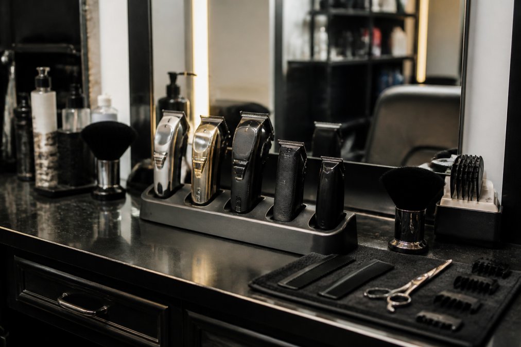 Professional barber station with multiple clippers and trimmers organized on charging docks, showing a clean, clutter-free workspace with tools ready for use