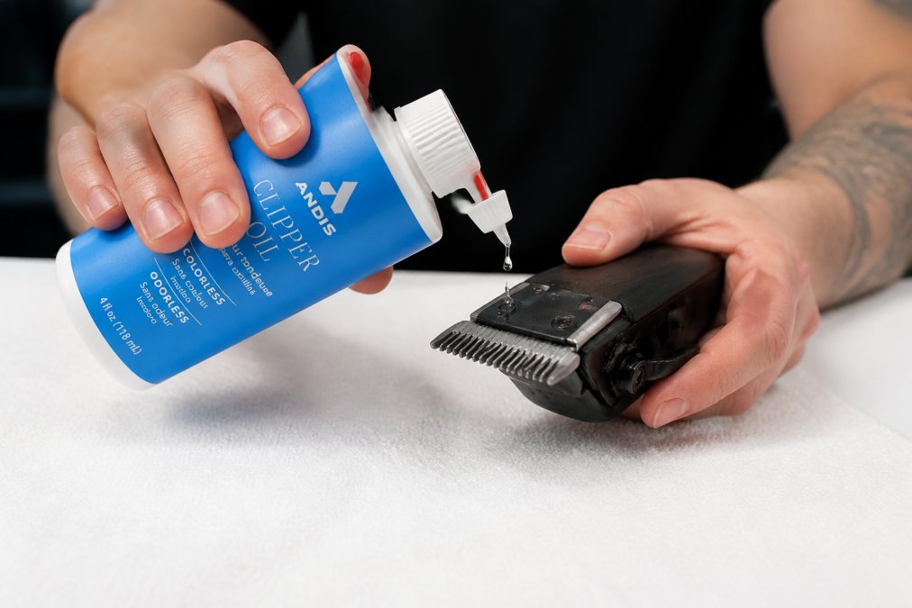 Close-up of a barber's hands applying oil to clipper blades over a clean white towel, showing proper drop-wise application technique with natural lighting
