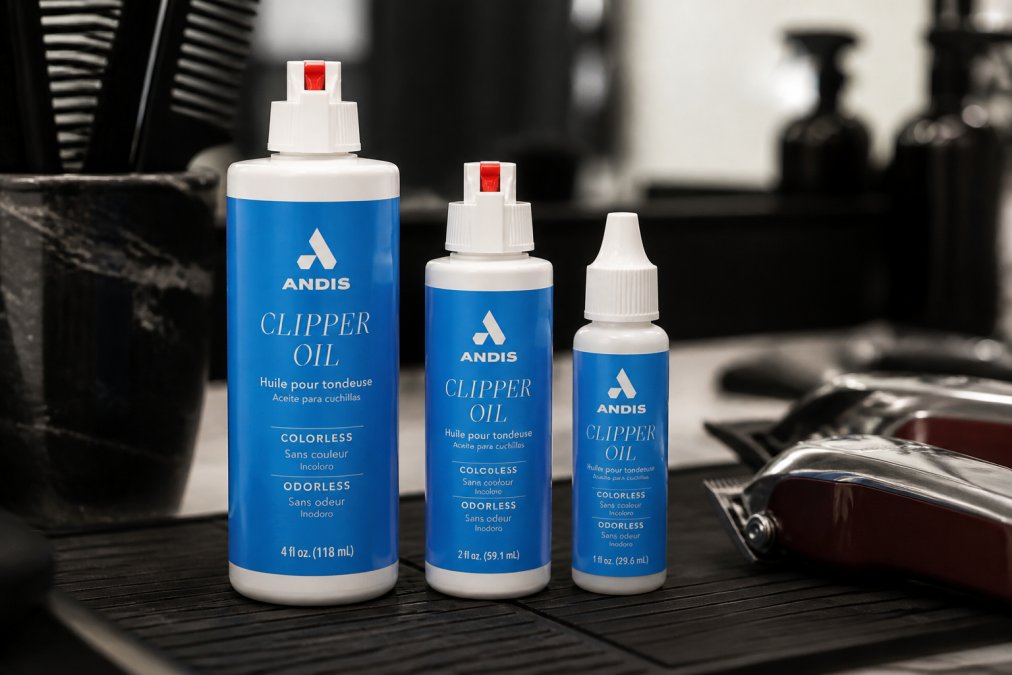 Three bottles of professional barber clipper oils and maintenance products arranged on a barber station counter with clippers nearby, showing different product sizes and professional branding