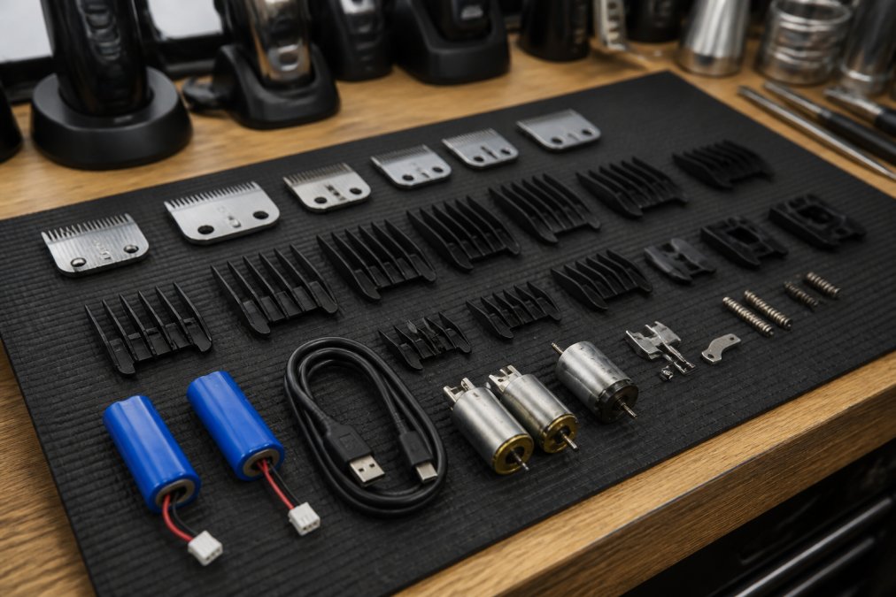 Close-up of a professional barber workbench displaying organized clipper replacement parts including fade blades, taper blades, guide combs in various sizes, rechargeable batteries, charging cables, motor assemblies, and tension springs arranged for easy identification