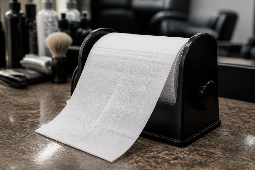 Close-up of professional barber neck strips in their dispenser showing the soft tissue texture, stretch quality, and the product layered neatly on a clean barbershop counter with professional lighting