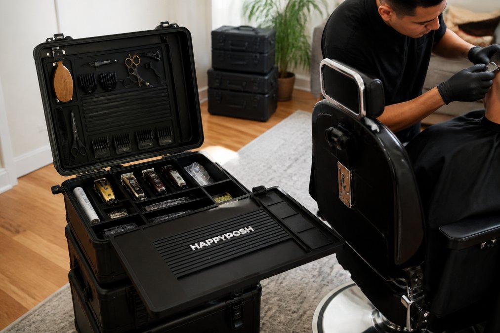 Mobile barber with rolling case open displaying organized clippers, guards, and folded station mat, working setup visible in compact residential space with protective cases stacked nearby