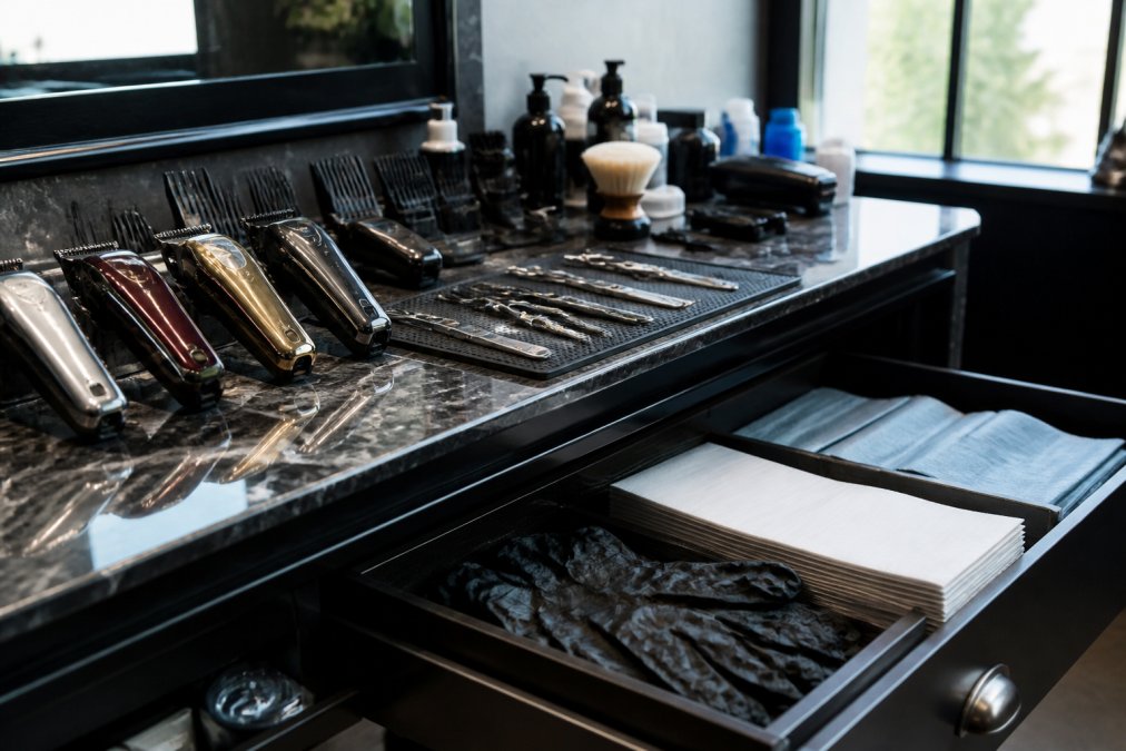 Professional barber workstation with organized rows of professional clippers, trimmers, and shears arranged on a polished counter, with drawers containing bulk supplies of disposable gloves and neck strips, natural window lighting illuminating the station
