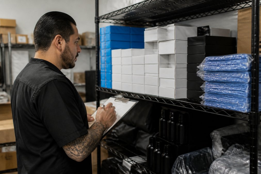 Shop owner standing at organized shelving unit checking inventory clipboard while reviewing rows of neatly stacked boxes of disposable gloves, neck strips, and grooming supplies in a well-lit back room