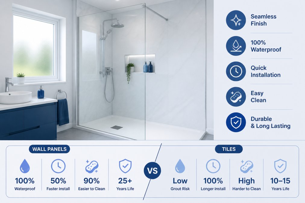 A bright, modern UK bathroom with white PVC wall cladding fitted around a walk-in shower enclosure, showing a clean seamless finish with no grout lines, natural daylight coming through a frosted window