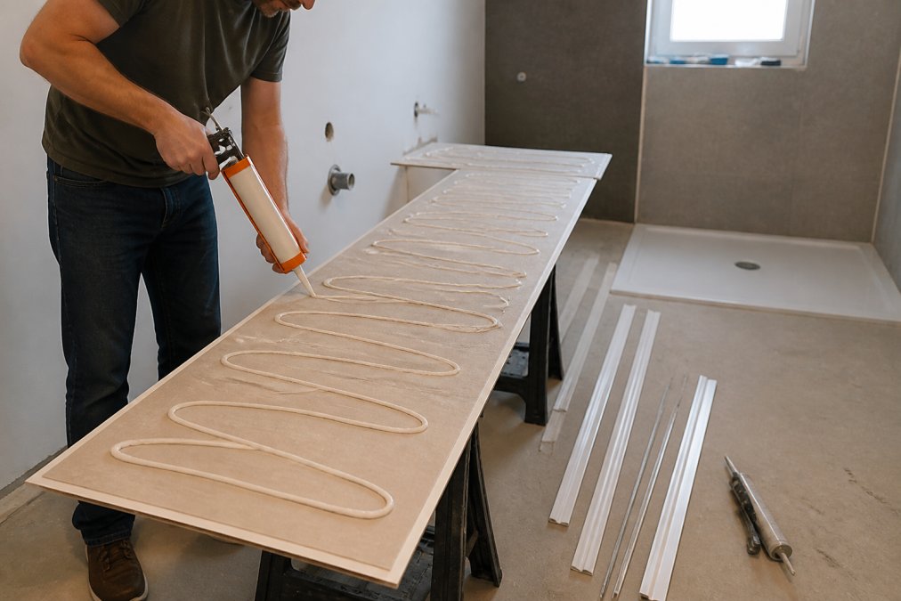 A person in casual clothes applying adhesive to the back of a large PVC wall panel in a bathroom mid-renovation, with trim profiles and a silicone gun visible on the floor nearby, under bright overhead lighting