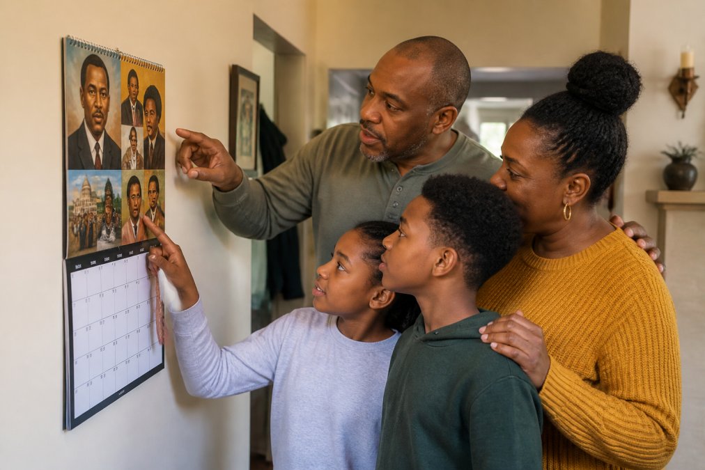 Family gathered around a wall calendar featuring African American historical figures and cultural artwork, pointing at specific dates and months together in a warmly lit home