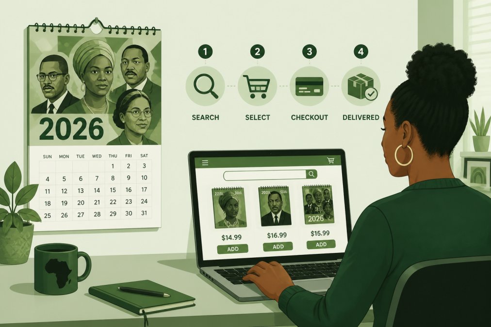 Person at a home office desk with a wall calendar displaying Black heritage artwork and historical figures prominently displayed, with a laptop open showing an online shopping interface