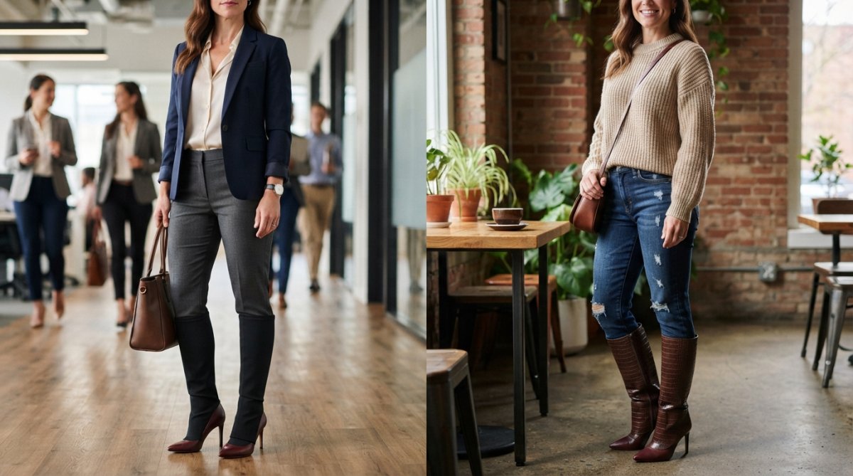 Woman in professional business attire wearing a burgundy pump with a black boot sleeve for a work look, then in the same photo or adjacent frame wearing the same pump with a chocolate crocodile-print sleeve in a casual weekend outfit, showing two completely different styling options from one shoe