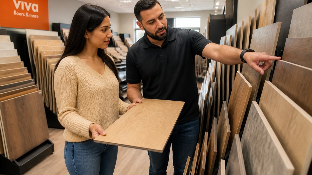 A well-lit flooring showroom with rows of hardwood, laminate, vinyl, and tile samples on display racks while a salesperson points out material specifications to a customer holding a sample board