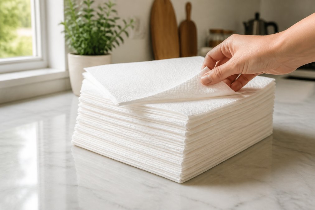 A stack of neatly folded premium white kitchen towels on a clean kitchen counter, a hand reaching for the top sheet, soft daylight from a window showing the texture and thickness