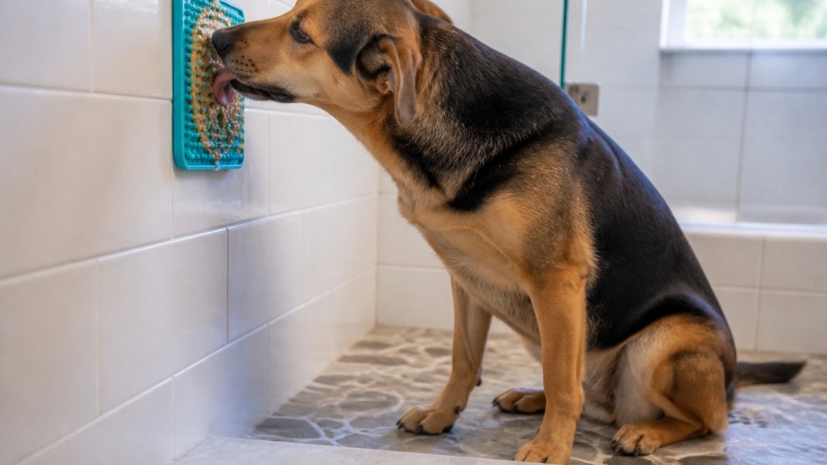 A medium-sized dog calmly licking peanut butter from a suction lick mat stuck to a bathroom tile wall, relaxed posture, soft natural light