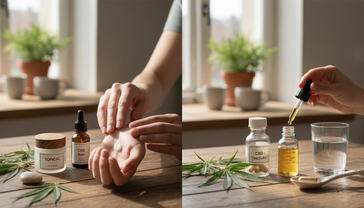 Close-up of a person's hands applying a CBD topical gel to their wrist joint, with a small CBD oil dropper bottle visible in the background on a wooden surface