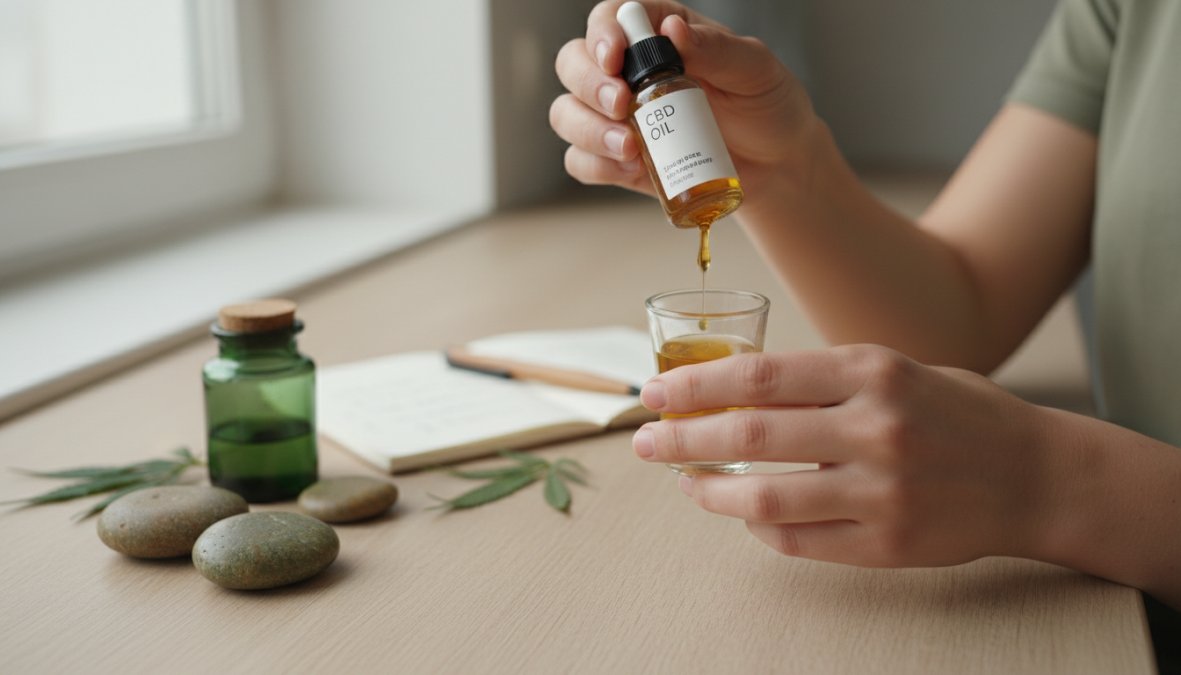 A person holding a CBD oil dropper over a small glass, placing drops under their tongue, with soft natural lighting and a clean kitchen countertop in the background