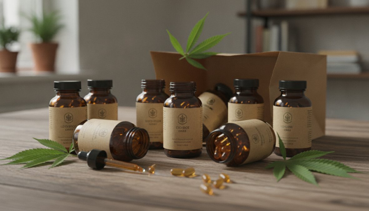 Flat lay of various CBD soft gel bottles with amber glass and white caps arranged on white surface with green hemp leaves and a glass dropper