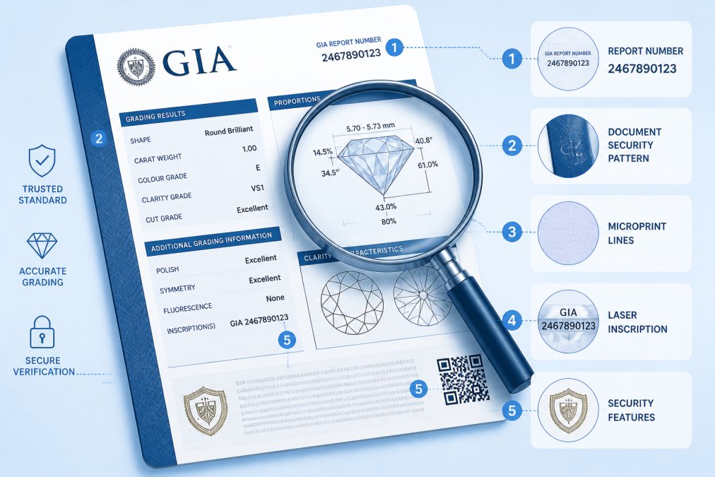 Feature overview showing Close-up of a diamond certificate or grading report with a magnifying glass, showing the detailed...