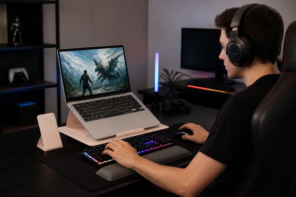 Professional gamer seated at desk with high-performance gaming laptop displaying vibrant graphics, RGB lighting visible on keyboard and mouse, gaming headset nearby, modern gaming setup with monitor and ergonomic chair in background