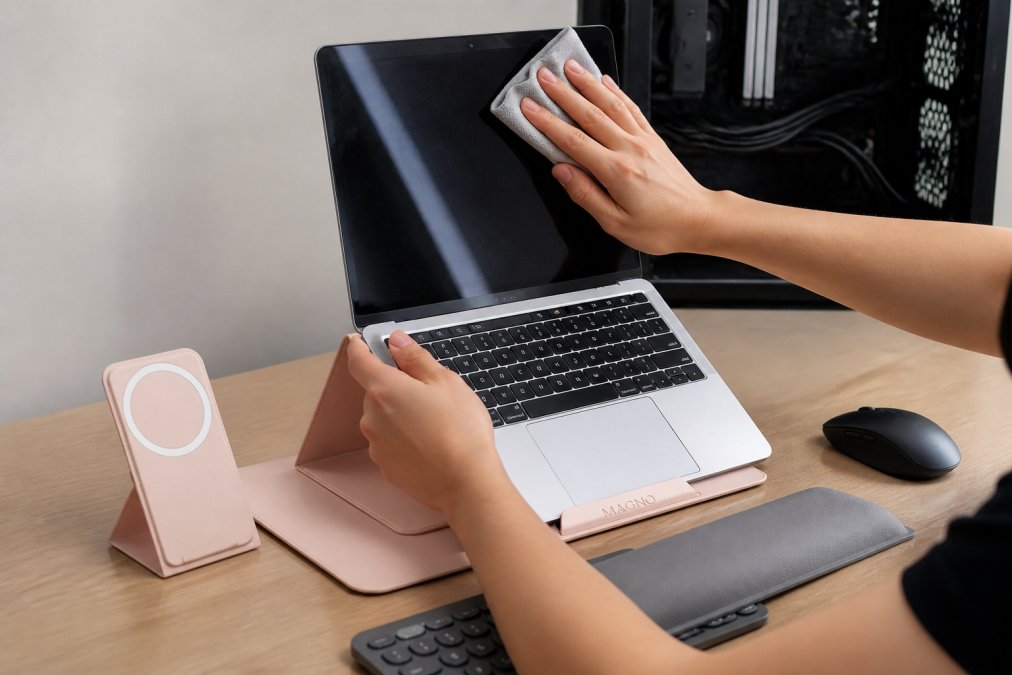 Close-up of hands cleaning laptop screen with microfiber cloth, showing proper maintenance technique, laptop stand visible in background with wireless mouse and keyboard, gaming setup with organized cables