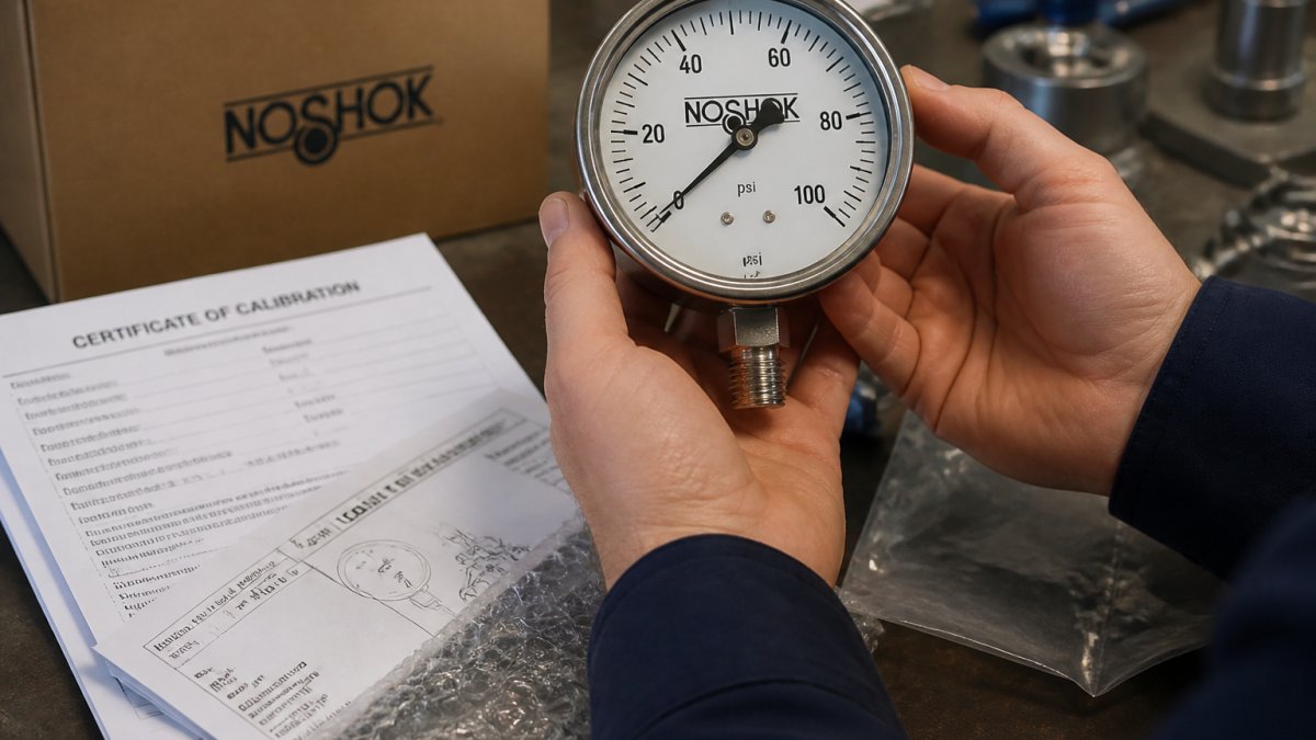 Close-up of hands holding a NOSHOK pressure gauge with calibration certificate and technical documentation visible on a work surface