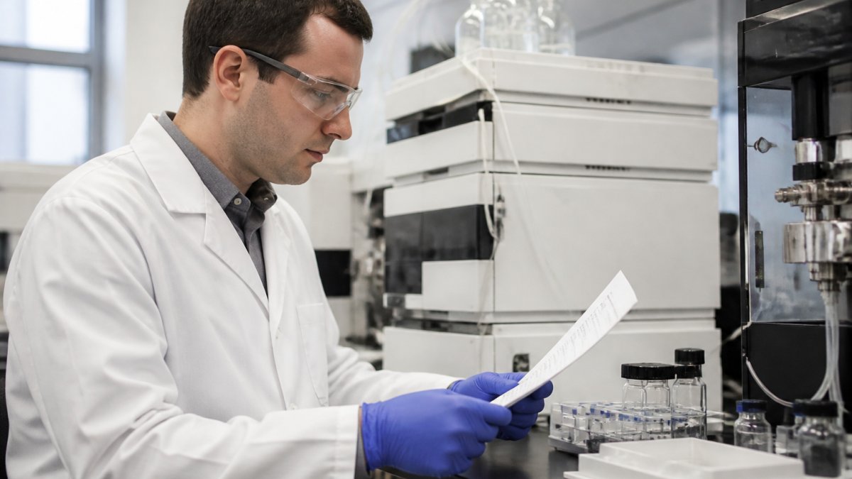 Researcher reviewing a certificate of analysis when you purchase cgm compliant peptides in the USA