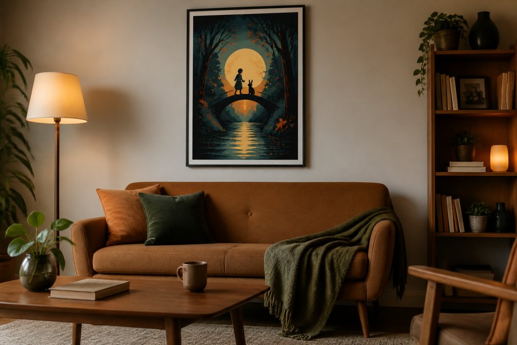 A cozy modern living room with a framed character-inspired art poster hanging above a mid-century sofa, warm ambient lighting from a floor lamp, and a small bookshelf with curated objects nearby