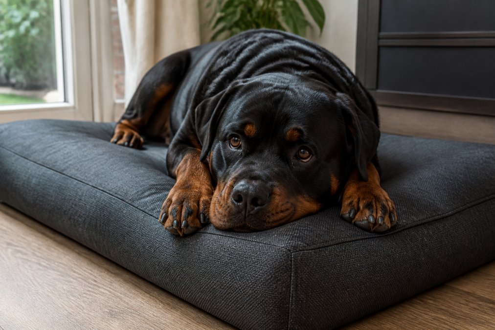 Close-up of a large Rottweiler resting on a thick, textured heavy-duty dog bed with visible ballistic nylon weave, natural indoor lighting from a nearby window, dog appearing relaxed and comfortable
