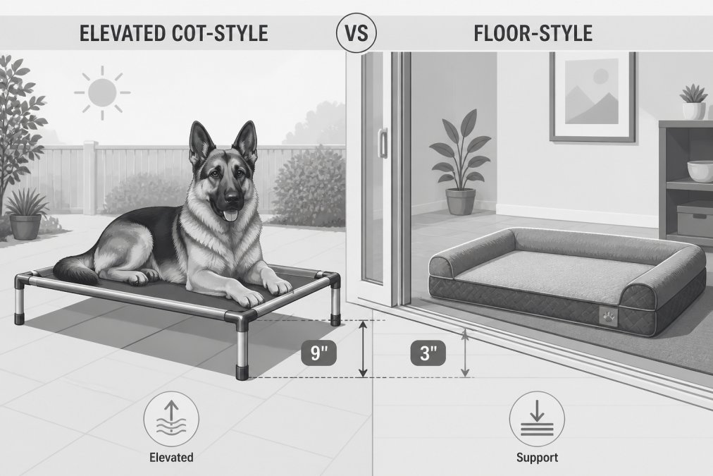 A large German Shepherd lying on an elevated aluminum-frame cot-style dog bed on a sunny back patio, with a thick orthopedic floor-style dog bed visible just inside an open sliding glass door, showing the height difference and context of use